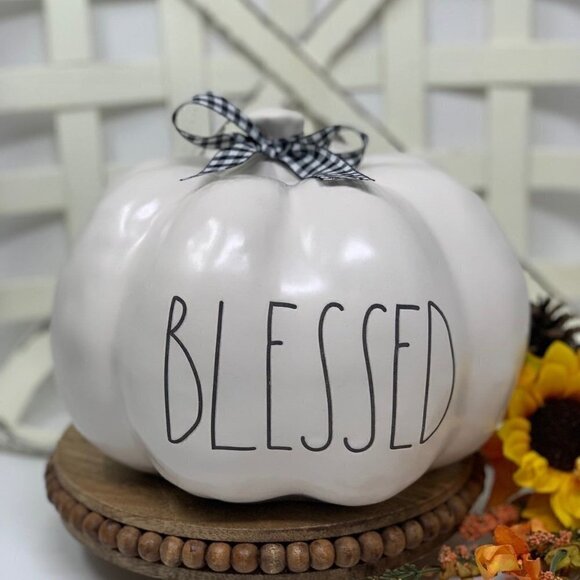 Rae Dunn Pumpkin BLESSED 8in Autumn Ceramic White Fall Holiday Decor LL Magenta - Picture 7 of 7